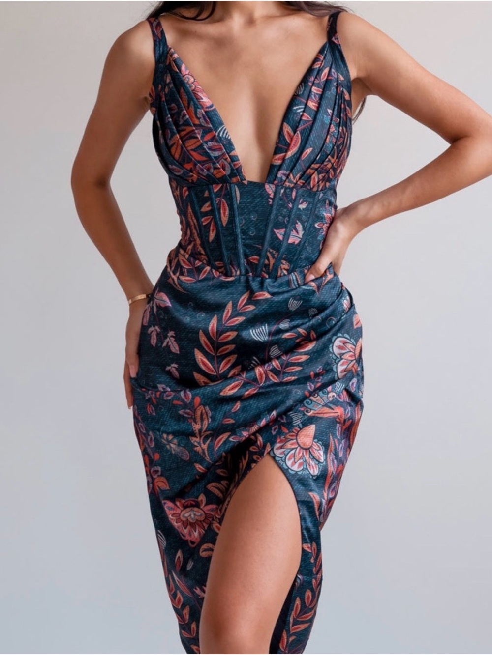 Averie Like New Halley Draped Midi Dress Flowery Print on Cobalt Blue Small